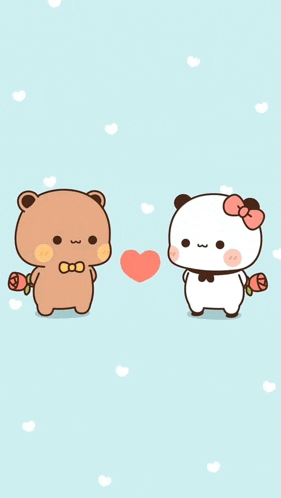 a brown bear and a white bear are standing next to each other with a heart in the background