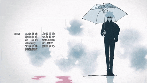 a drawing of a man holding an umbrella with chinese writing underneath him