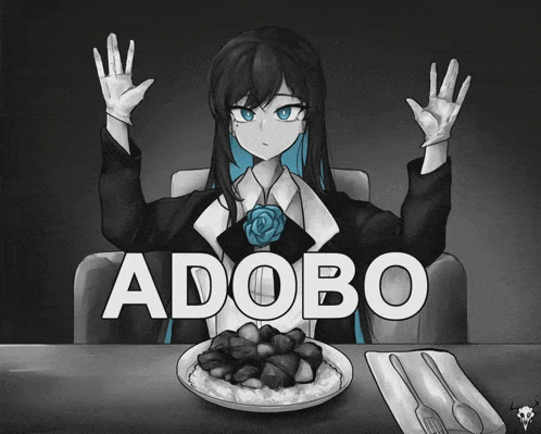 a black and white drawing of a girl sitting at a table with the word adobo on the bottom