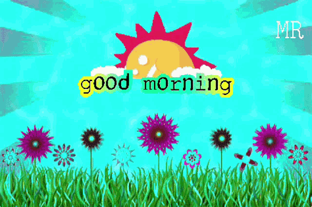 a good morning greeting card with a sun and flowers