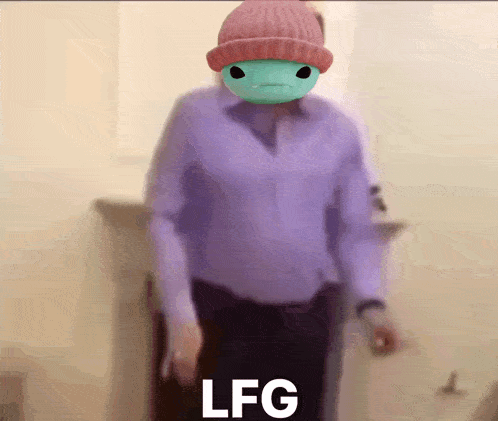 a person wearing a purple shirt and a pink beanie has the word lfg on the bottom of their shirt