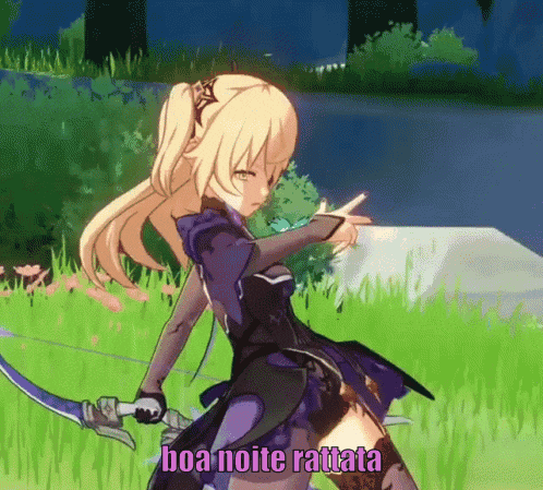 a girl in a video game is holding a bow and arrow and says boa noite rattata .
