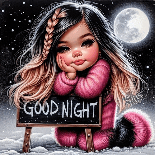 a little girl in a pink sweater is holding a sign that says good night