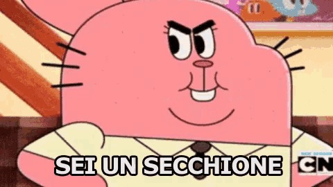 a cartoon character from the amazing world of gumball is sitting on a couch and smiling .
