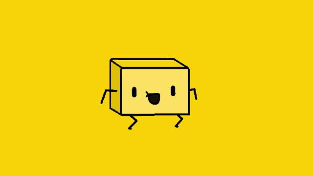 a cartoon drawing of a piece of butter with arms and legs on a yellow background