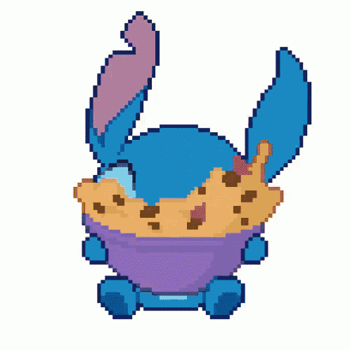 a pixel art of stitch holding a cookie