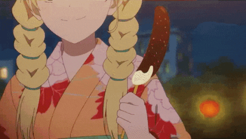 a girl in a kimono is holding a sausage and ice cream on a stick