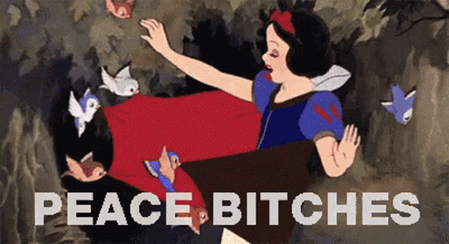 a cartoon of snow white and the seven dwarfs with the words peace bitches
