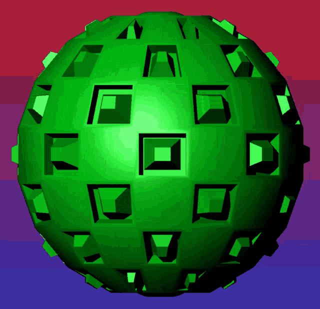 a green ball with squares on it and a red and blue background