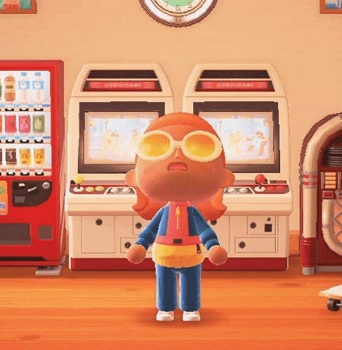 a cartoon character is standing in front of a jukebox and a vending machine