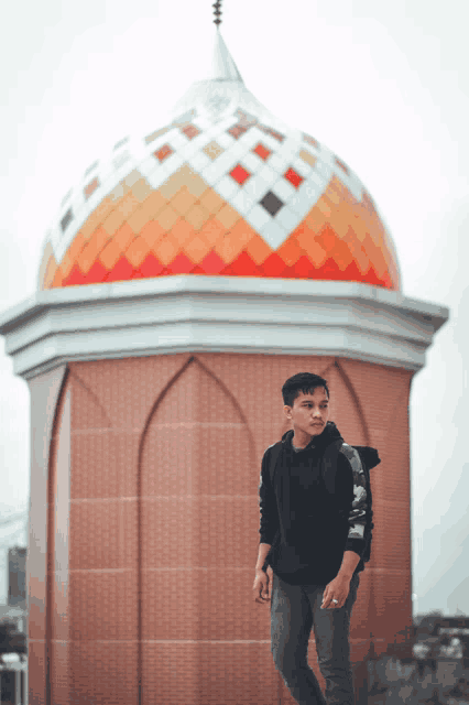 a young man stands in front of a brick building with a colorful dome on top