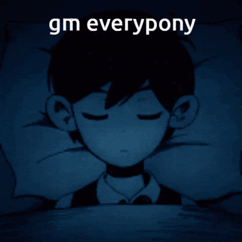 a picture of a boy with the words gm everypony