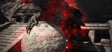 a statue of a bird is surrounded by red smoke