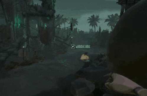 a screenshot of a video game shows a few trees and a few buildings