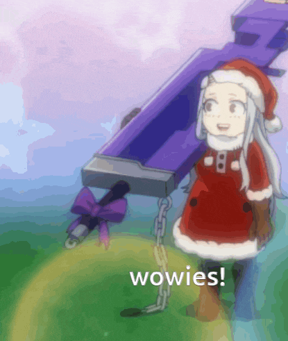 a girl in a santa hat is standing next to a purple object that says wowies on the bottom