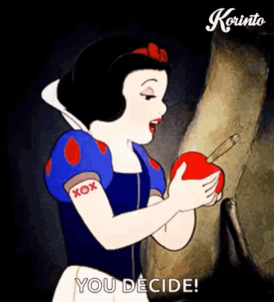 a cartoon of snow white holding an apple with a tattoo on her arm saying you decide