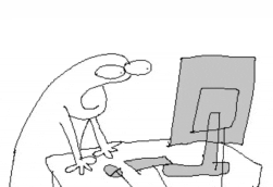 a black and white drawing of a person looking at a computer monitor