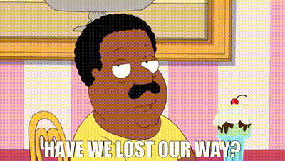 a cartoon of a man sitting at a table with an ice cream cone and the words `` have we lost our way ? ''