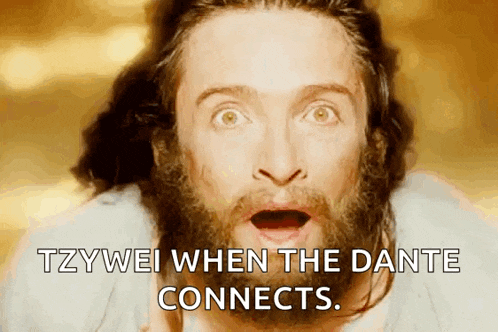 a man with a beard is making a surprised face and says tzywei when the dante connects .