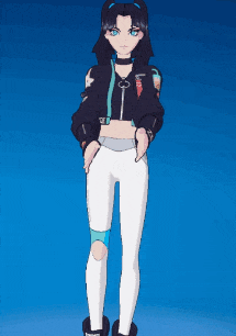 a girl in a crop top and white pants is standing in front of a blue background