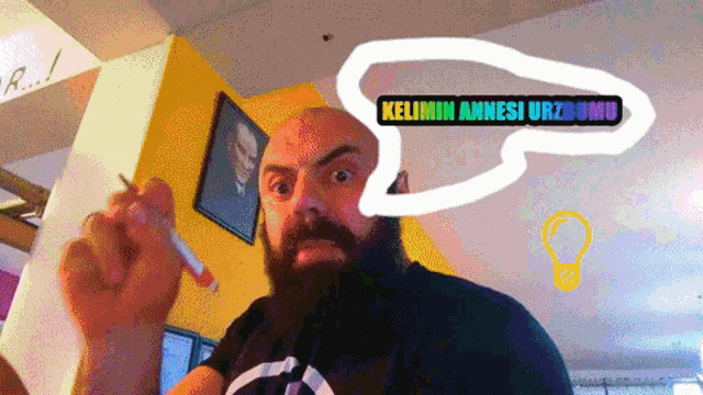 a man with a beard is writing on a piece of paper with the words kelimin annesi urzumu above him