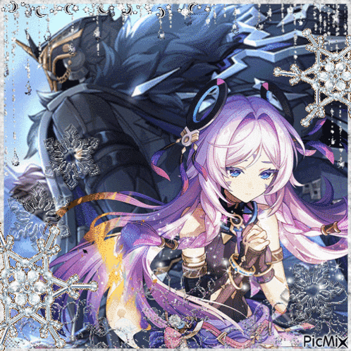 a girl with long purple hair is standing next to a man with a sword in a picture created by picmix