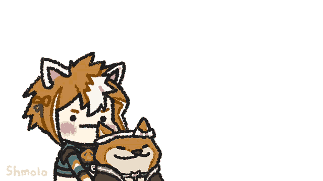 a drawing of a boy with cat ears holding a dog with the name shmoto written below it