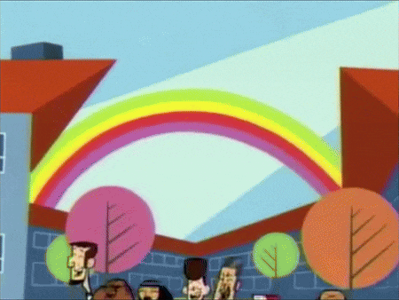 a cartoon scene with a rainbow and trees in the background