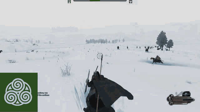 a screenshot of a video game shows a man riding a horse with a score of 3636