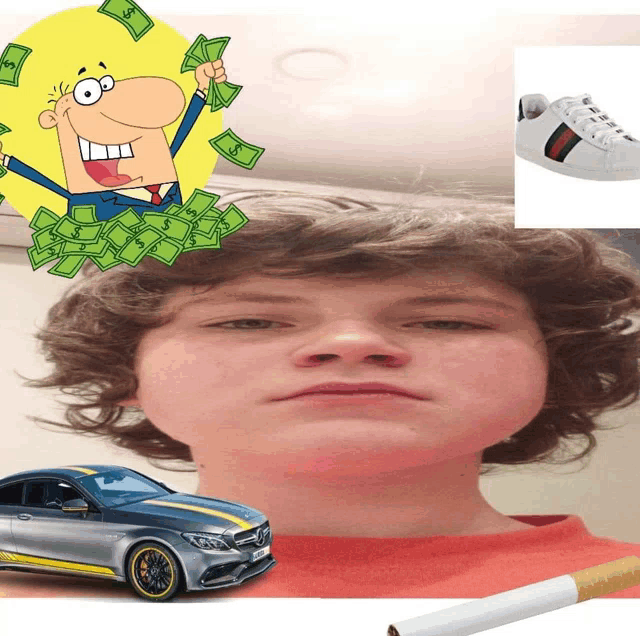 a boy with a car a cigarette and a cartoon of a man with money in his hand