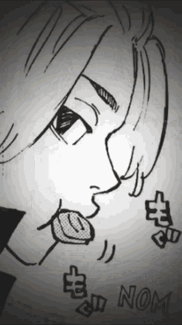 a black and white drawing of a man with the word nom on the bottom right