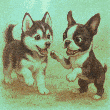 a husky puppy and a boston terrier puppy are playing together