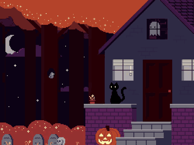 a pixel art drawing of a house with a black cat and a pumpkin