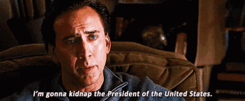 a man is sitting on a couch and saying " i 'm gonna kidnap the president of the united states "