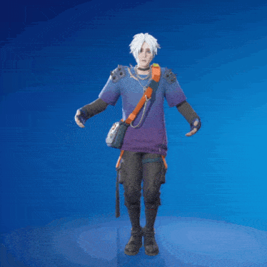 a man with white hair and a purple shirt is holding a carrot in his hands