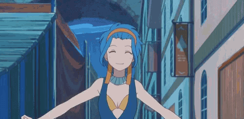 a girl with blue hair is smiling in front of a building that has a sign that says ' y ' on it