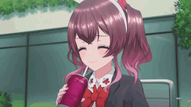 a girl with purple hair is drinking from a can of diet coke