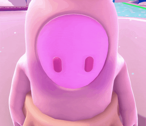 a pink cartoon character with a purple face and eyes