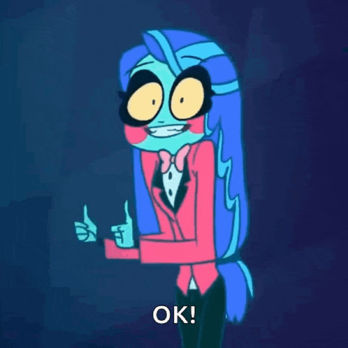a cartoon character with blue hair and a pink jacket says ok