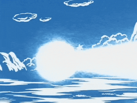 a drawing of a person standing in front of a cloudy blue sky