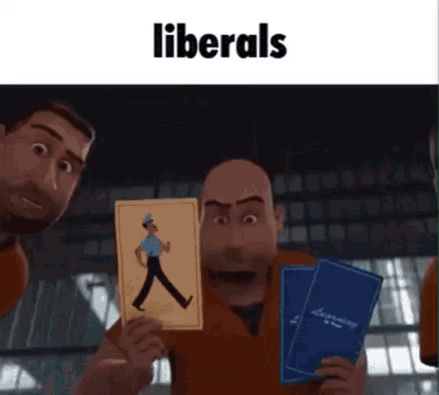 a man is holding a card with a picture of a police officer walking on it .