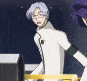 a man with glasses is standing next to a woman with purple hair in a cartoon .