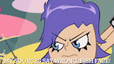 a cartoon character with purple hair and blue eyes says my sources say wrong fish face