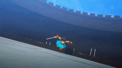 a cartoon character is holding a sword and running down a hill