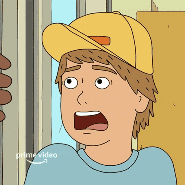 a cartoon of a man wearing a yellow hat with the word prime video on the bottom right