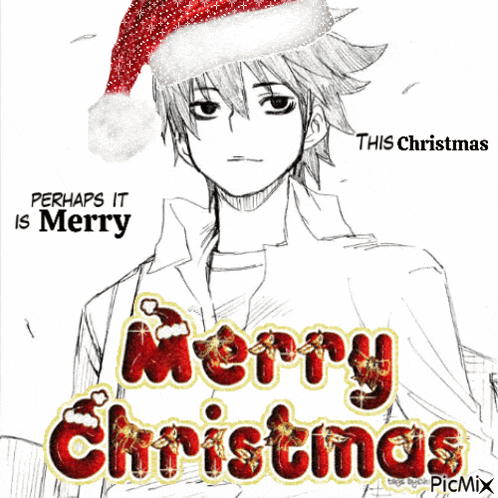 a black and white drawing of a man wearing a santa hat with the words merry christmas