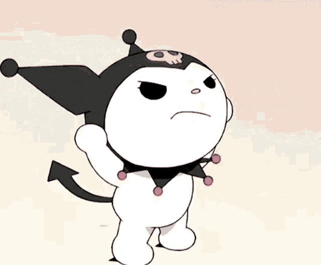 a black and white cartoon character with a skull on its head and a pink nose .