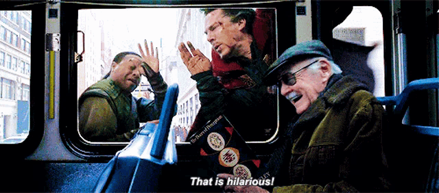 a man sitting on a bus with a book that says " that is hilarious "