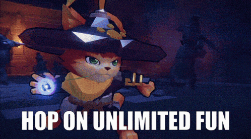 a picture of a cat with the words hop on unlimited fun underneath it