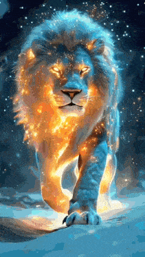 a lion with glowing eyes is walking on a snowy surface .